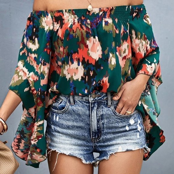 Dark Green Boho Womens Allover Print Off Shoulder Blouse - Picture 4 of 5